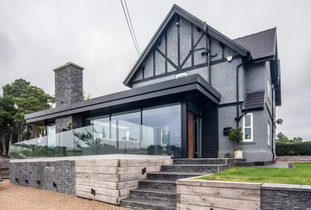 external view of bespoke door and glass panel windows