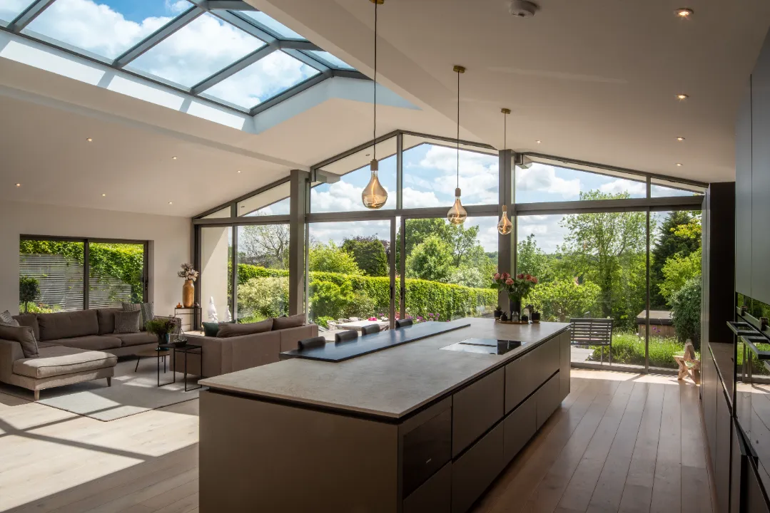 modern and aesthetic living room with floor to ceiling aluminium framed doors
