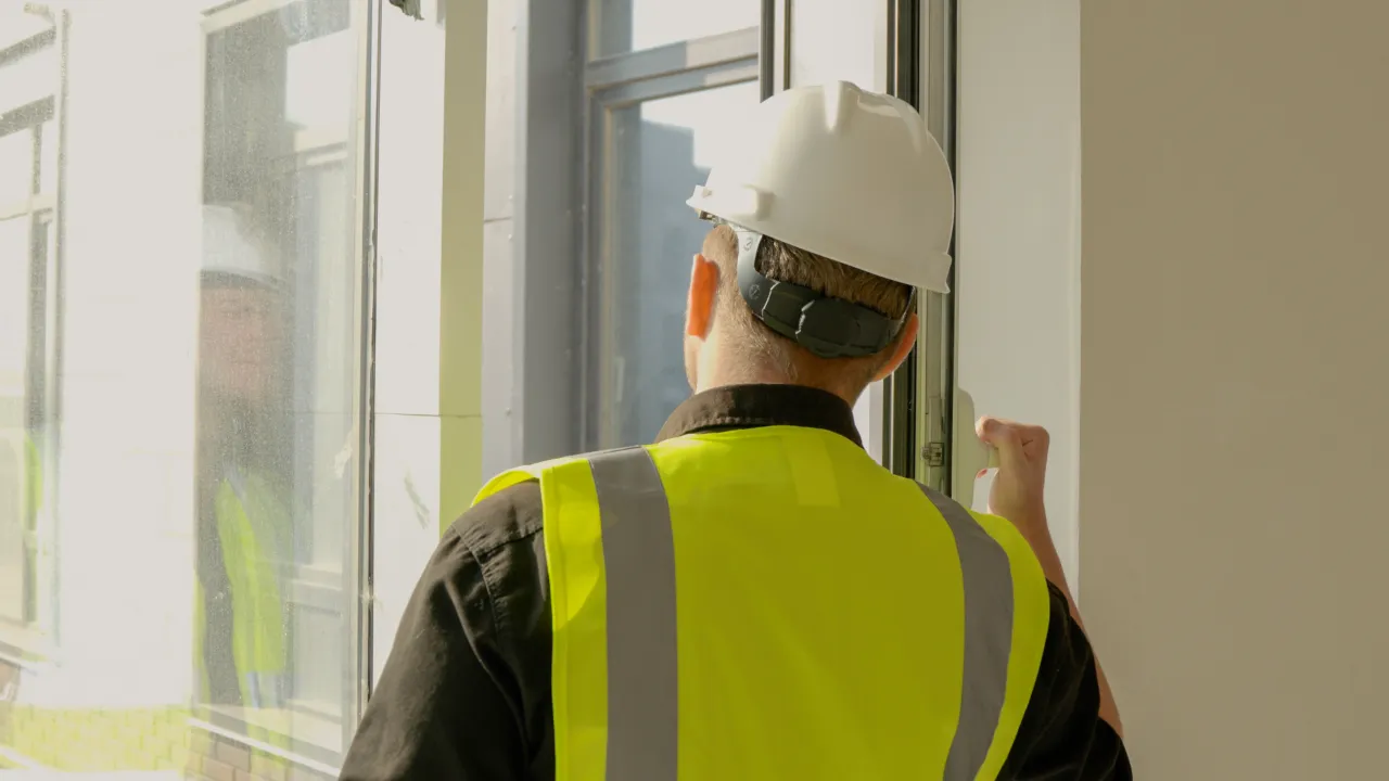 man in hard hat installing window