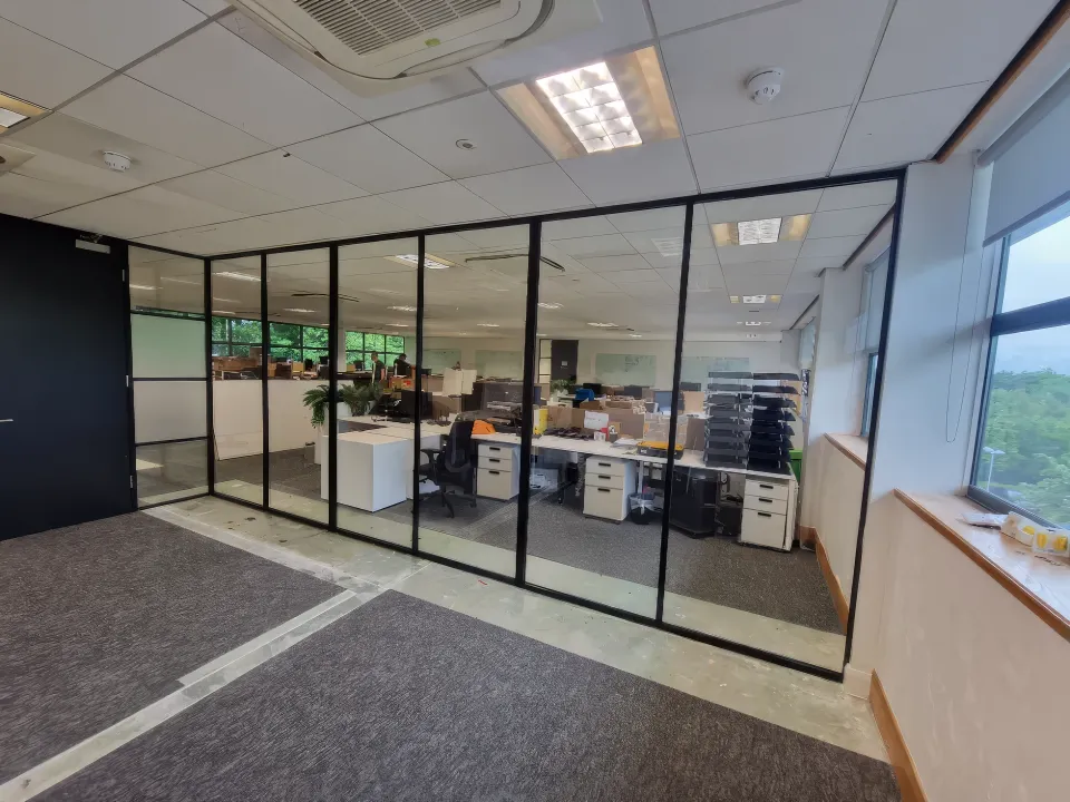 coworking space with large aluminum framed doors