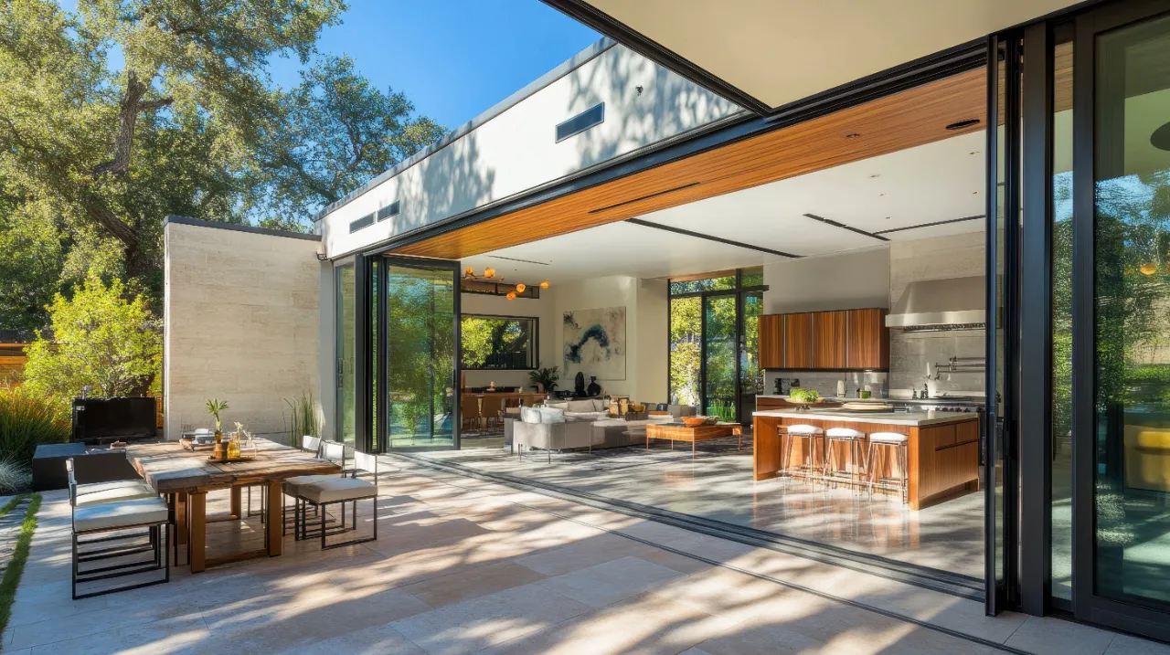 modern living room with bifold door